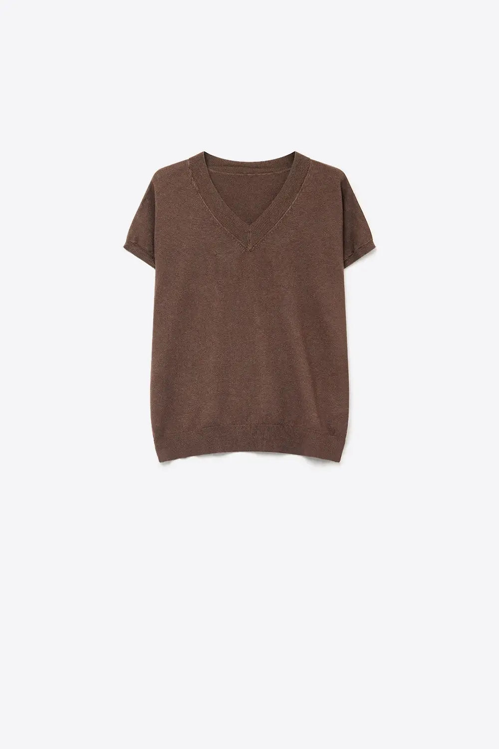 Brown Fine-Knit V-Neck Sweater with Short Dolman Drop-Shoulder Sleeves