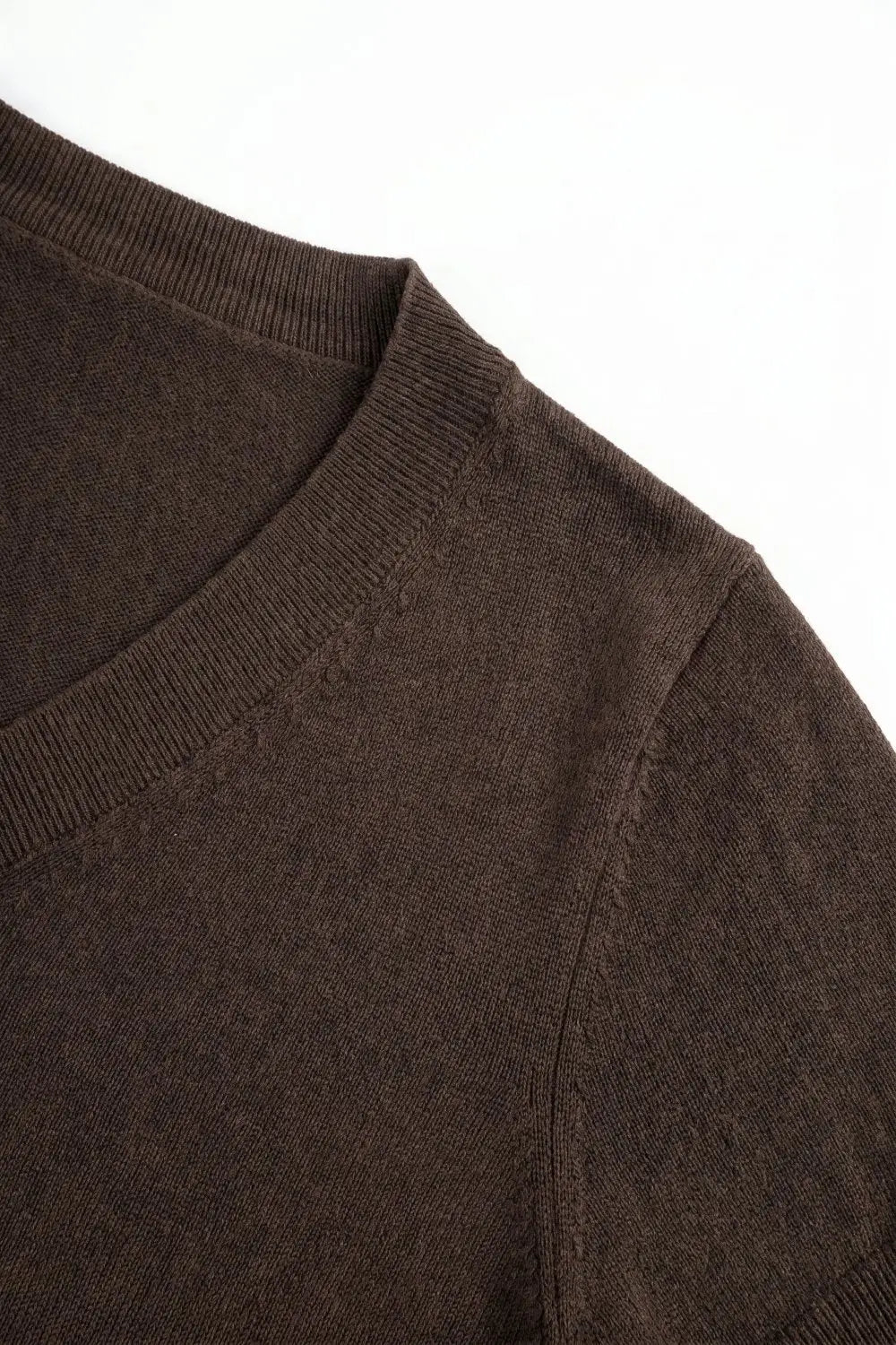 Brown Fine-Knit V-Neck Sweater with Short Dolman Drop-Shoulder Sleeves