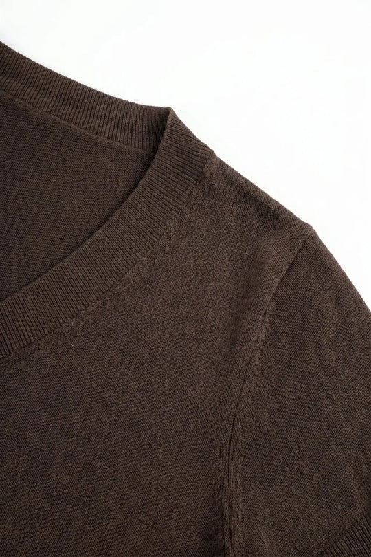 Brown Fine-Knit V-Neck Sweater with Short Dolman Drop-Shoulder Sleeves