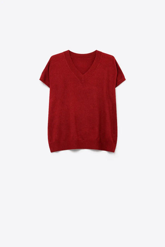 Burgundy Fine-Knit V-Neck Sweater with Short Dolman Drop-Shoulder Sleeves