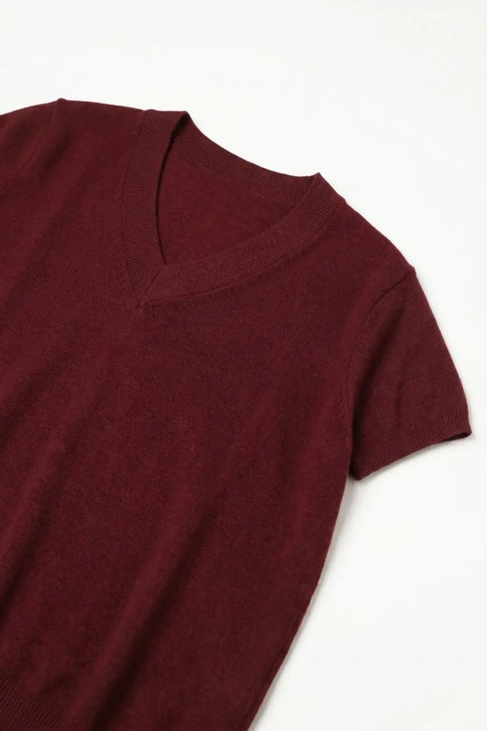 Burgundy Fine-Knit V-Neck Sweater with Short Dolman Drop-Shoulder Sleeves