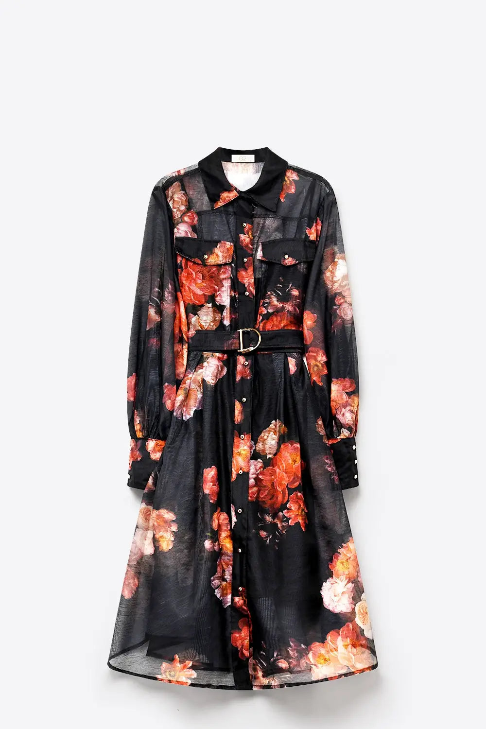 Black Floral Print Sheer Belted Midi Shirt Dress Long Sleeves - Dresses