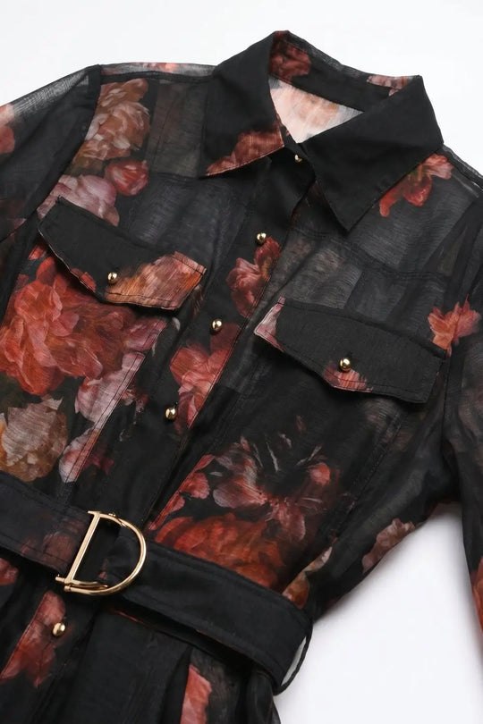 Black Floral Print Sheer Belted Midi Shirt Dress Long Sleeves - Dresses