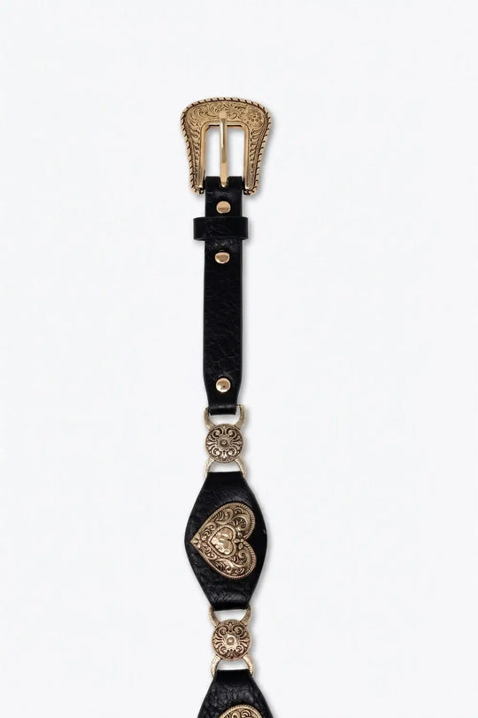 Black Faux Leather Heart Embellished Western Buckle Detail Belt - Belts