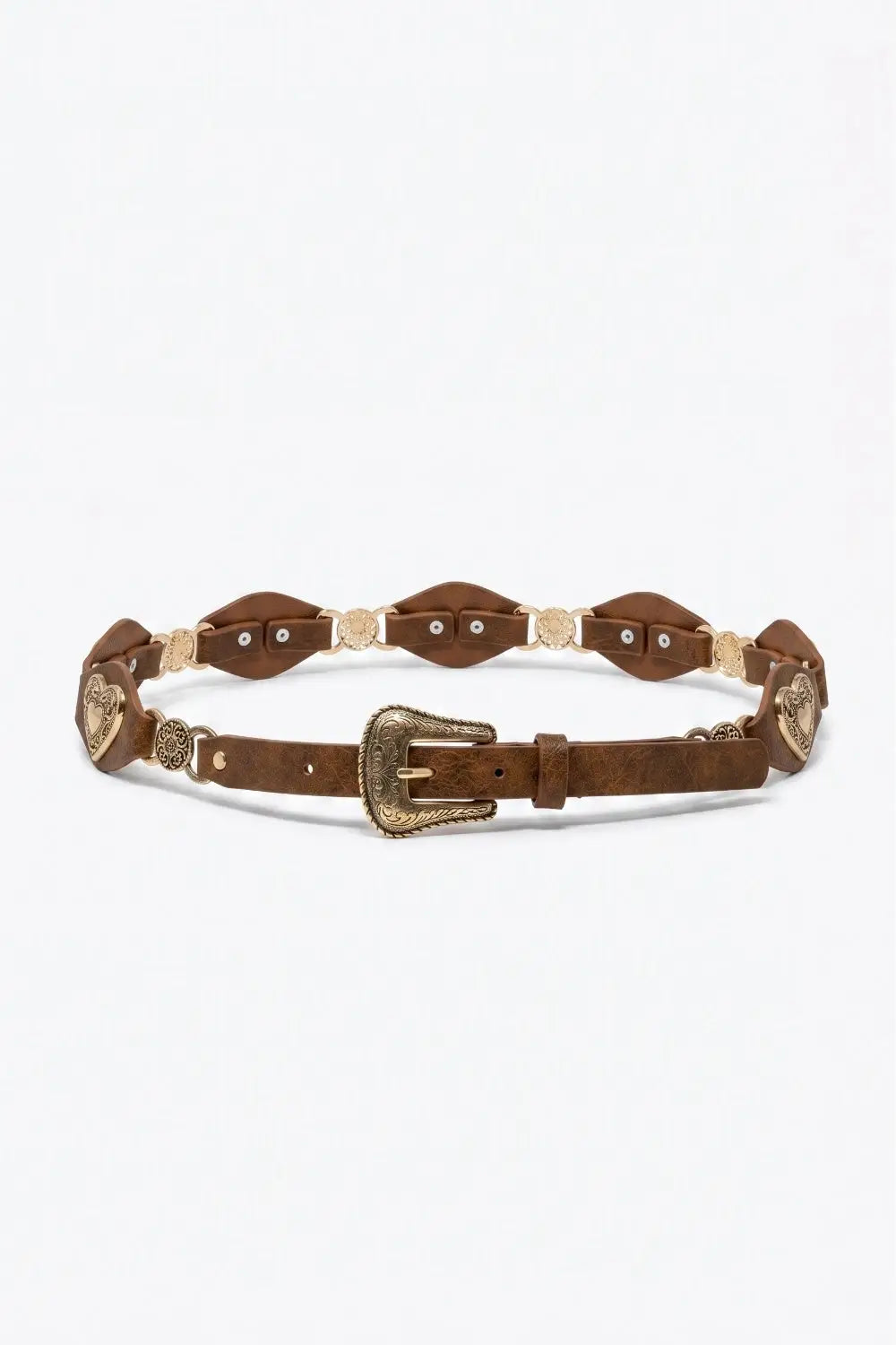 Brown Faux Leather Gold Heart Buckle Western Detail Belt - Belts