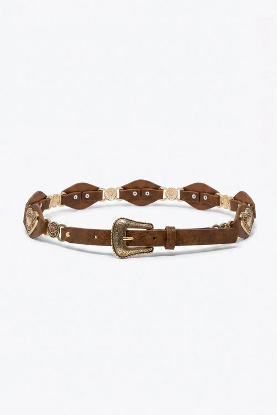 Brown Faux Leather Gold Heart Buckle Western Detail Belt - Belts