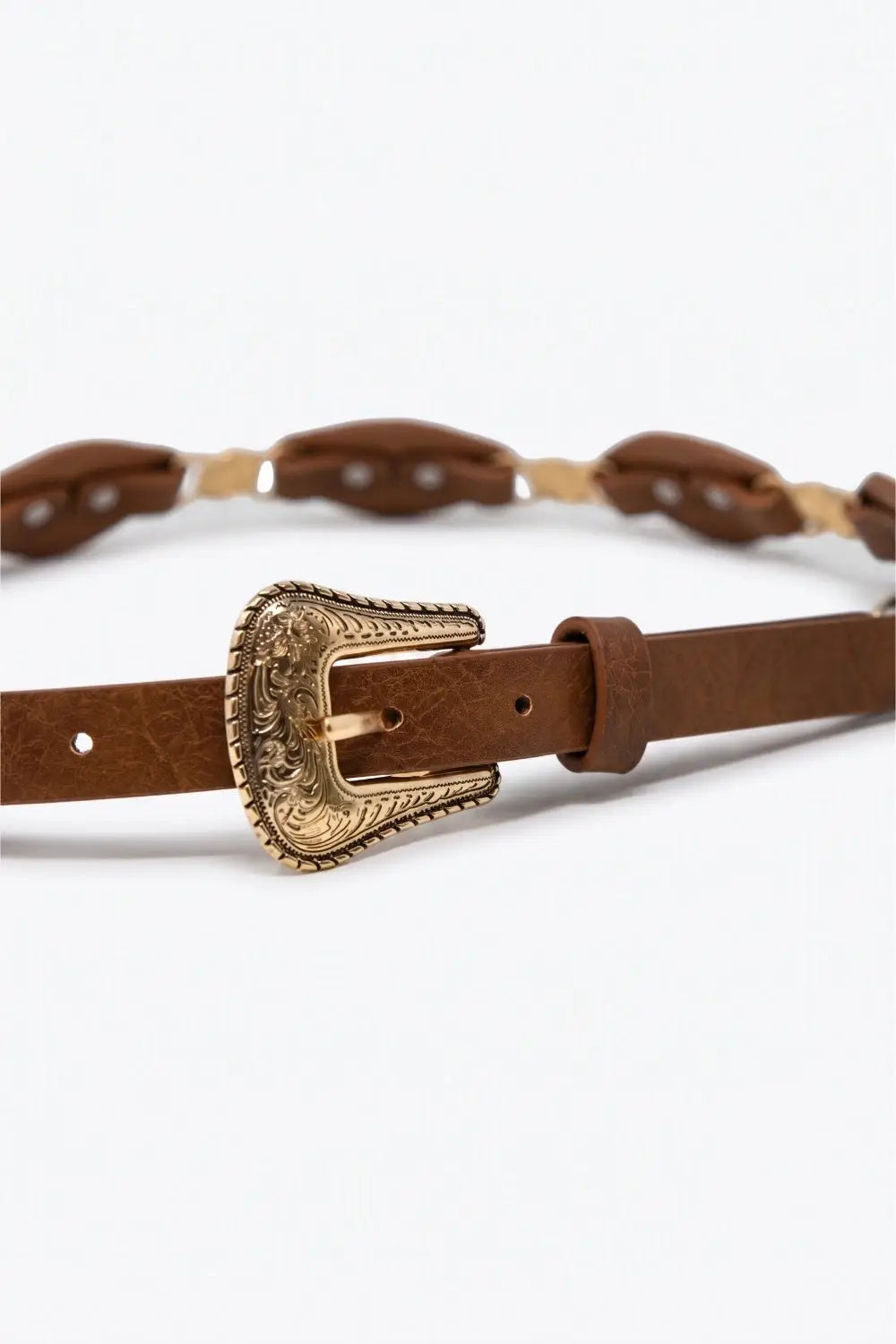 Brown Faux Leather Gold Heart Buckle Western Detail Belt - Belts