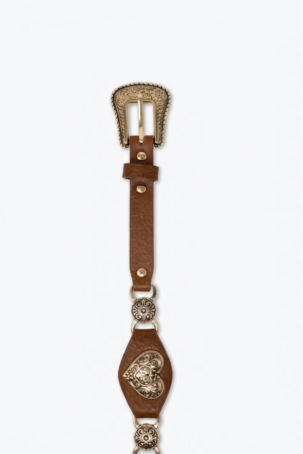 Brown Faux Leather Gold Heart Buckle Western Detail Belt - Belts