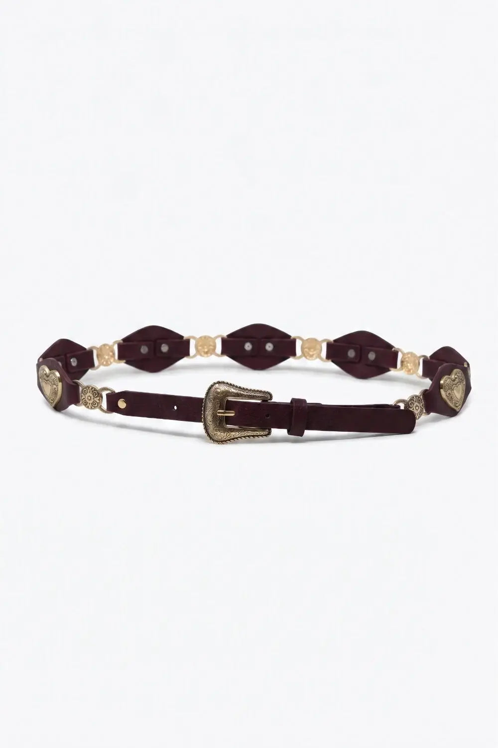 Burgundy Faux Leather Gold Heart Buckle Trim Western Belt