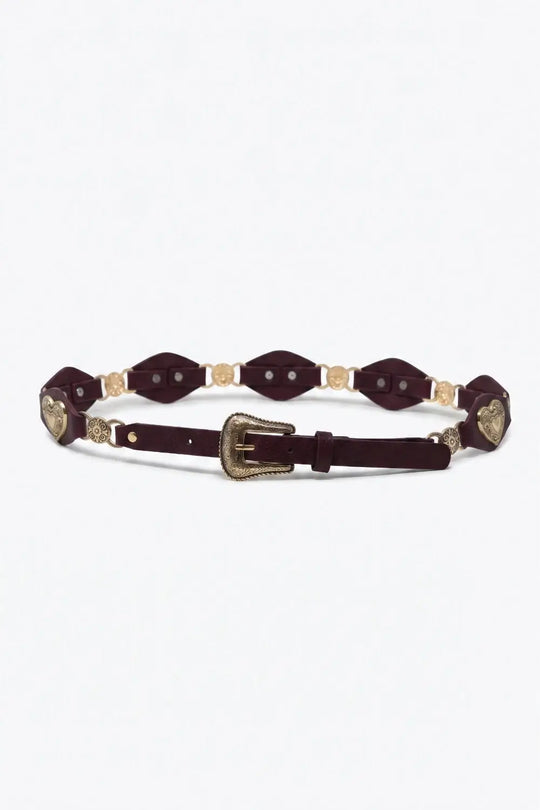 Burgundy Faux Leather Gold Heart Buckle Trim Western Belt