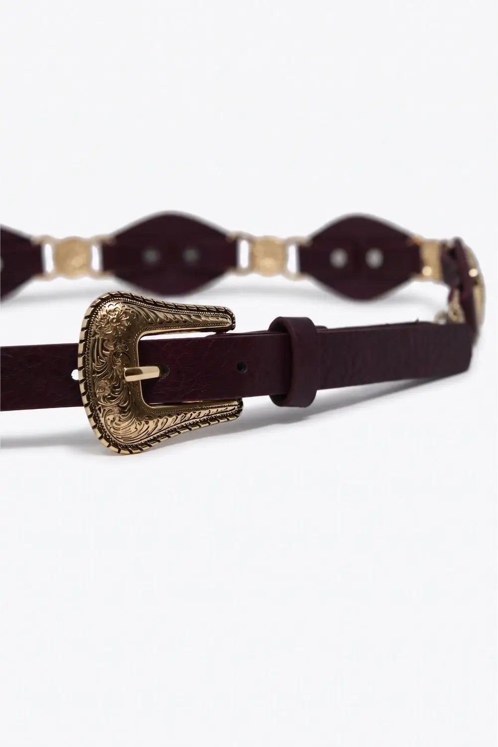 Burgundy Faux Leather Gold Heart Buckle Trim Western Belt