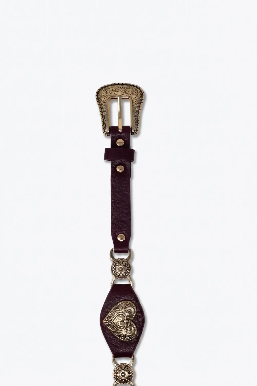 Burgundy Faux Leather Gold Heart Buckle Trim Western Belt