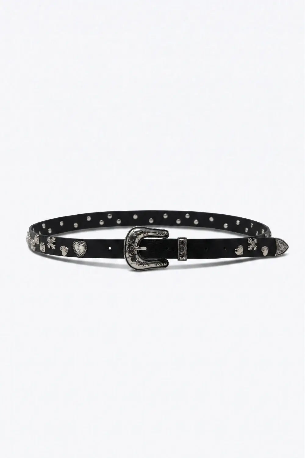 Black Faux Leather Metal Studded Silver Buckle Western Belt