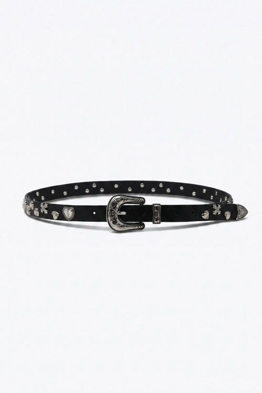 Black Faux Leather Metal Studded Silver Buckle Western Belt