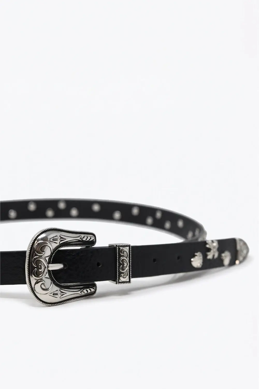 Black Faux Leather Metal Studded Silver Buckle Western Belt