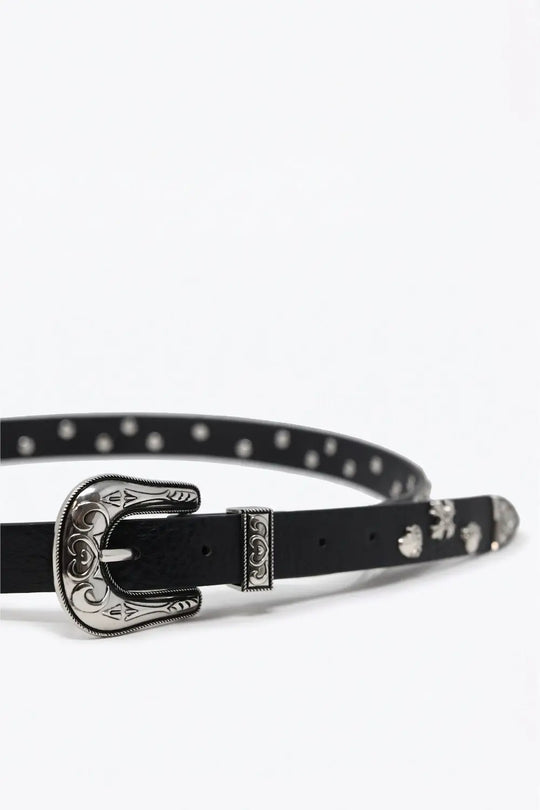 Black Faux Leather Metal Studded Silver Buckle Western Belt