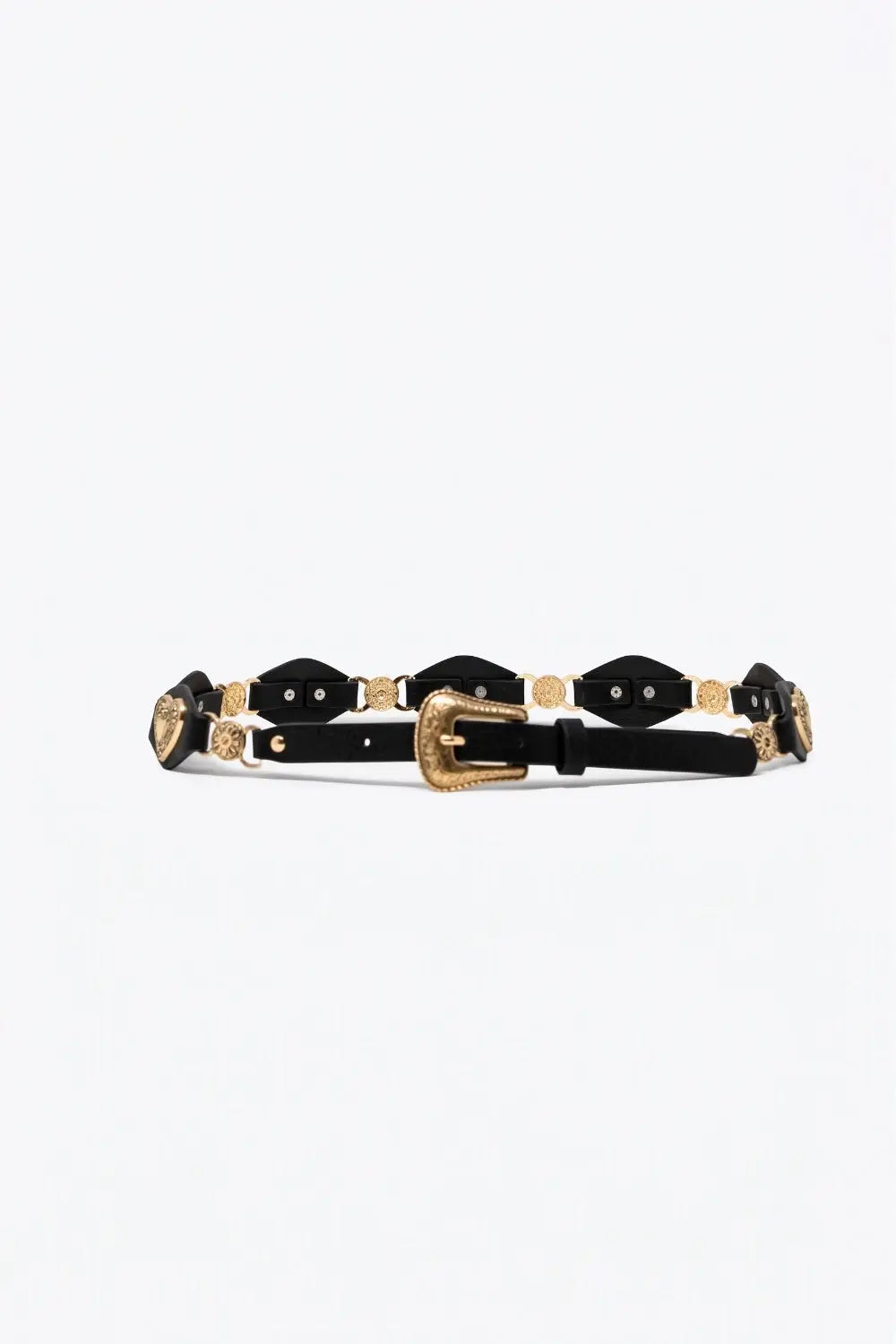 Black Faux Leather Heart Embellished Western Buckle Detail Belt - Belts