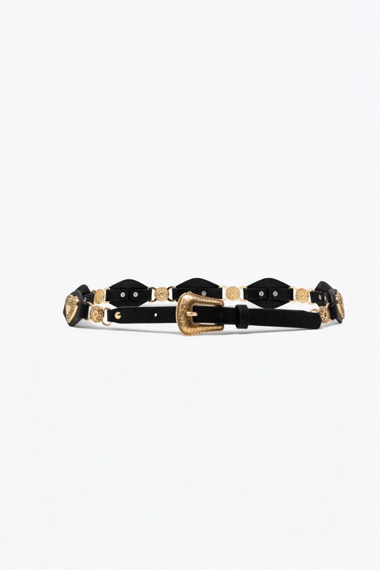 Black Faux Leather Heart Embellished Western Buckle Detail Belt - Belts