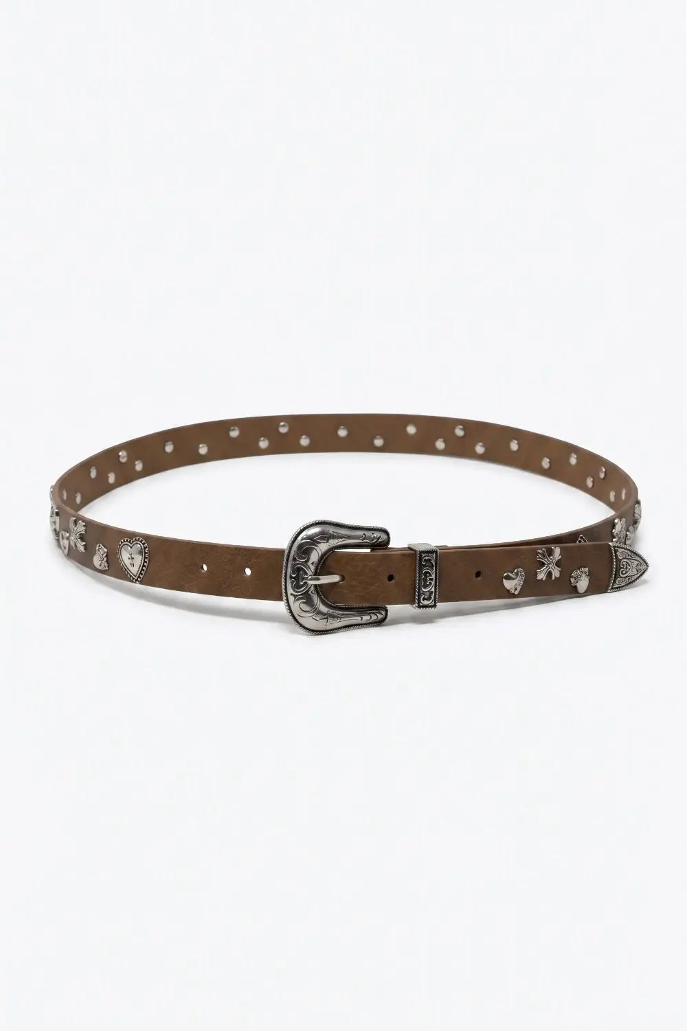 Camel Faux Leather Western Buckle Silver Stud Trim Belt - Belts