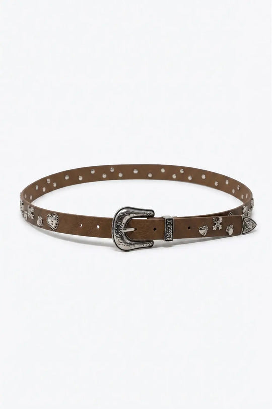 Camel Faux Leather Western Buckle Silver Stud Trim Belt - Belts