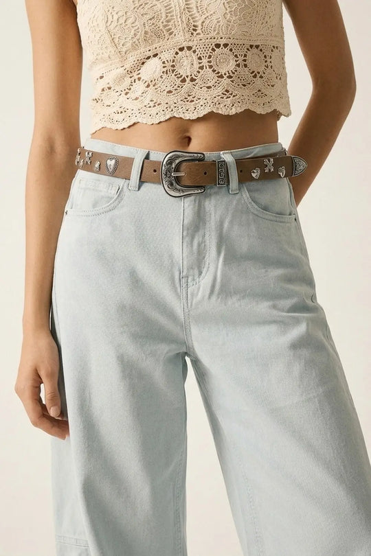 Camel Faux Leather Western Buckle Silver Stud Trim Belt - Belts