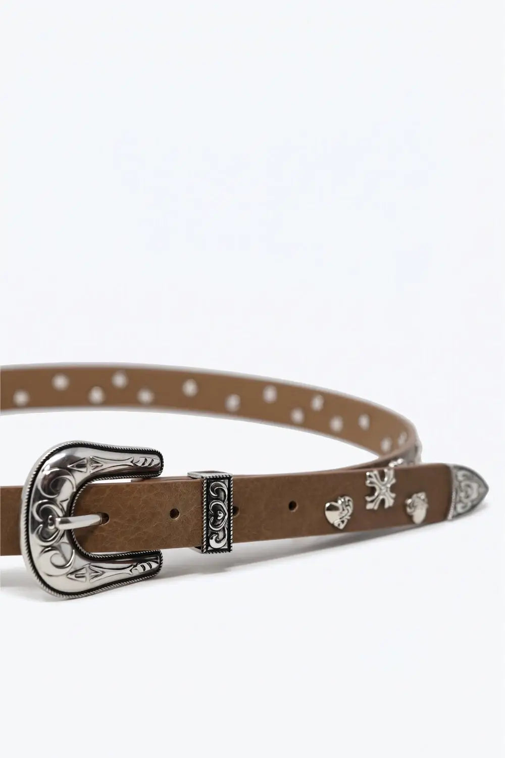 Camel Faux Leather Western Buckle Silver Stud Trim Belt - Belts