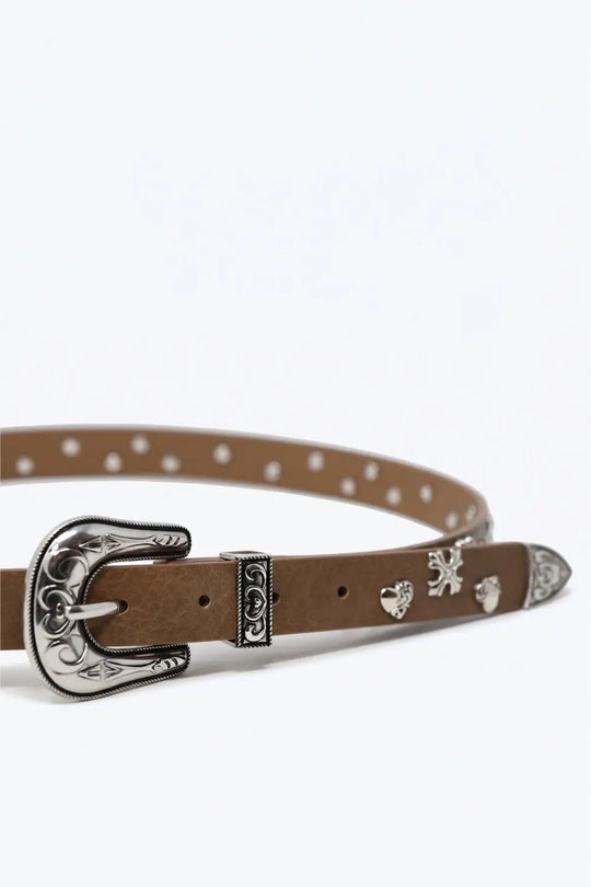 Camel Faux Leather Western Buckle Silver Stud Trim Belt - Belts