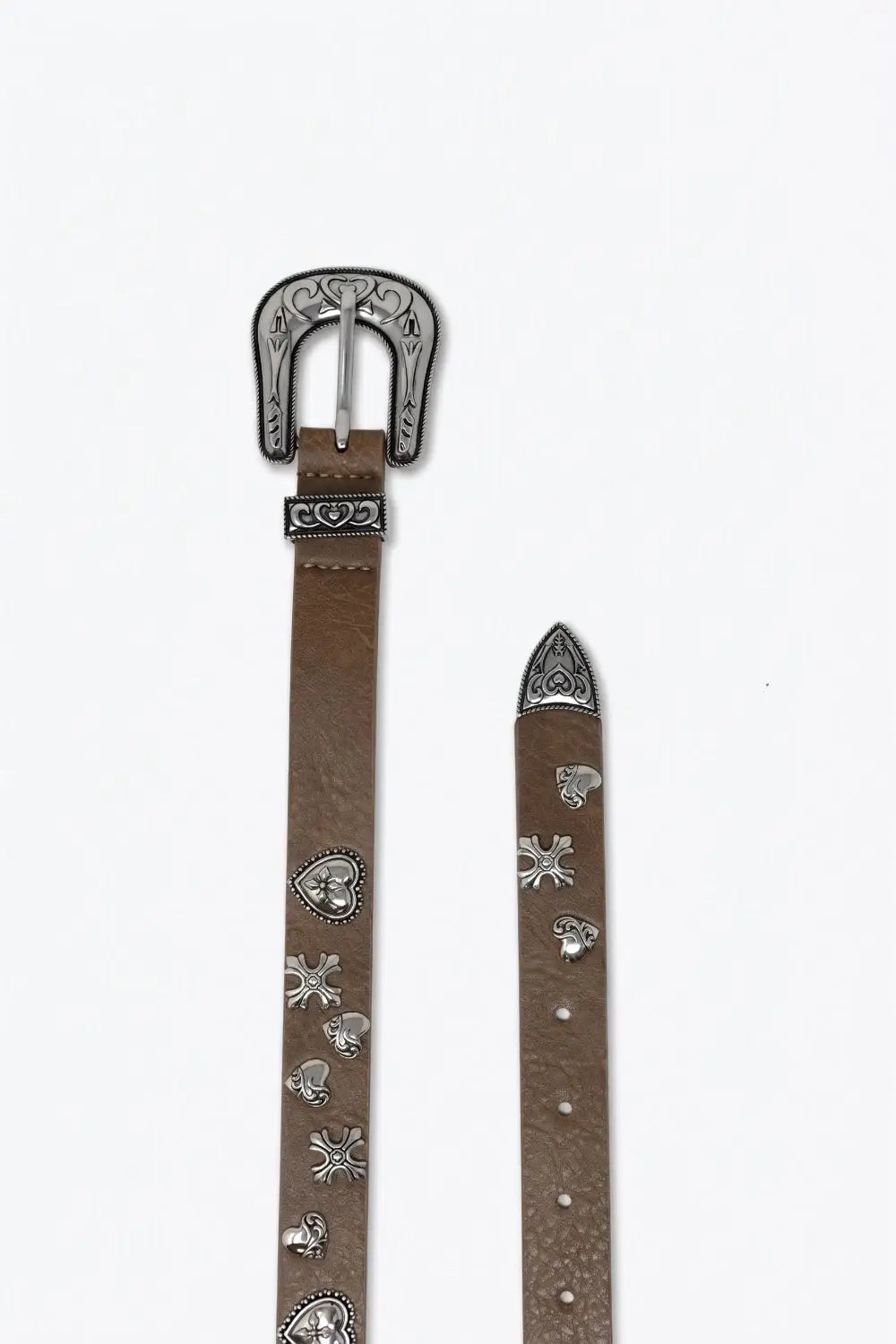 Camel Faux Leather Western Buckle Silver Stud Trim Belt - Belts