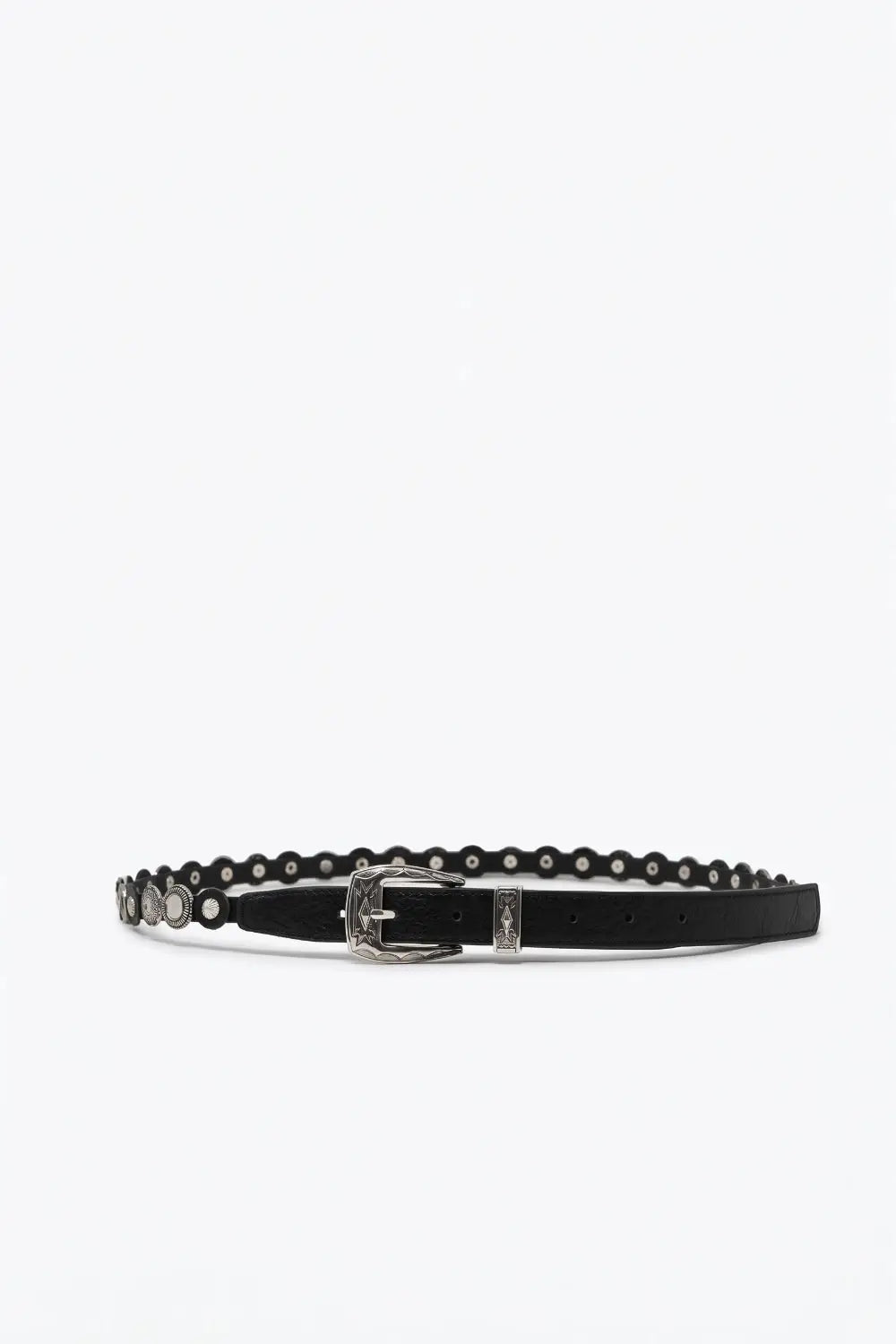 Black Faux Leather Eyelet Studded Slim Western Buckle Belt - Belts