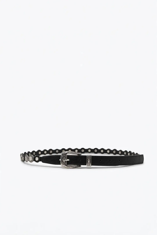 Black Faux Leather Eyelet Studded Slim Western Buckle Belt - Belts