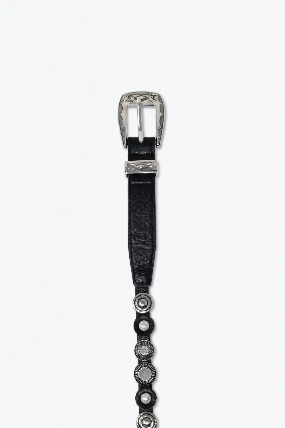 Black Faux Leather Eyelet Studded Slim Western Buckle Belt - Belts