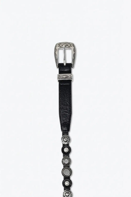 Black Faux Leather Eyelet Studded Slim Western Buckle Belt - Belts