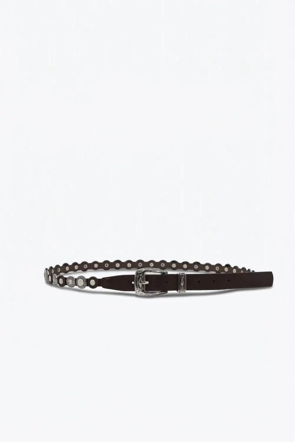 Brown Faux Leather Grommet Studded Western Buckle Slim Belt - Belts