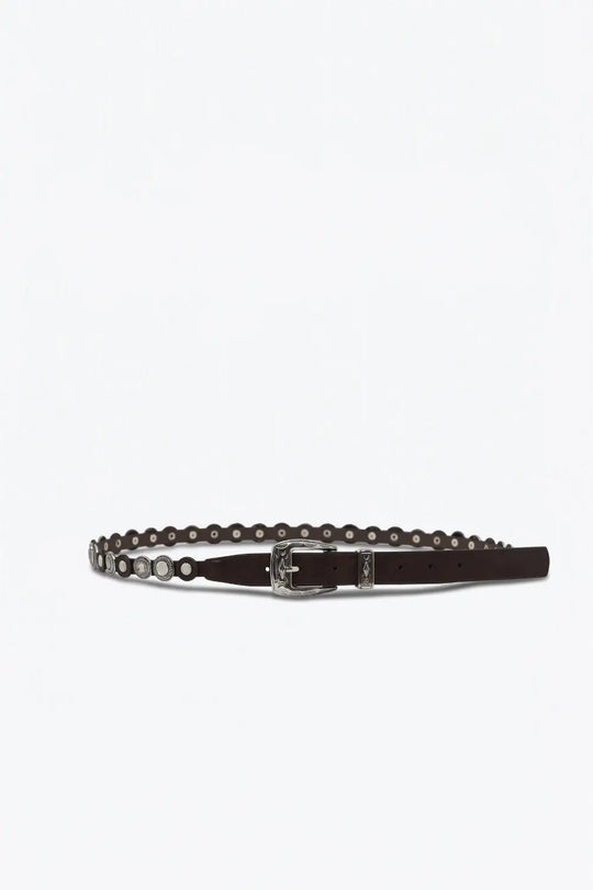 Brown Faux Leather Grommet Studded Western Buckle Slim Belt - Belts
