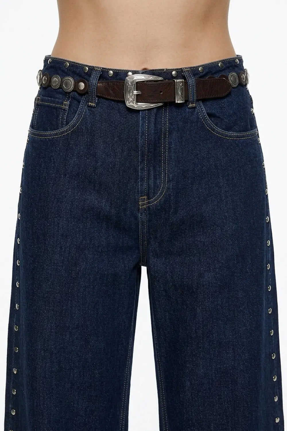 Brown Faux Leather Grommet Studded Western Buckle Slim Belt - Belts