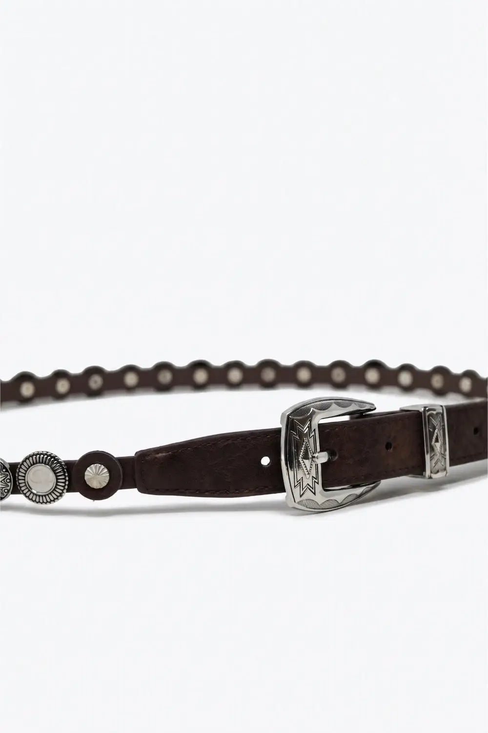 Brown Faux Leather Grommet Studded Western Buckle Slim Belt - Belts