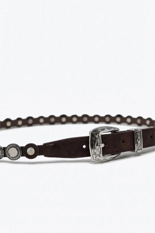Brown Faux Leather Grommet Studded Western Buckle Slim Belt - Belts