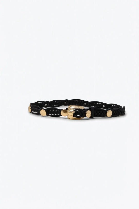 Black Braided Faux Leather Gold Buckle Stud Detail Belt - BLACK / ONE - Belts