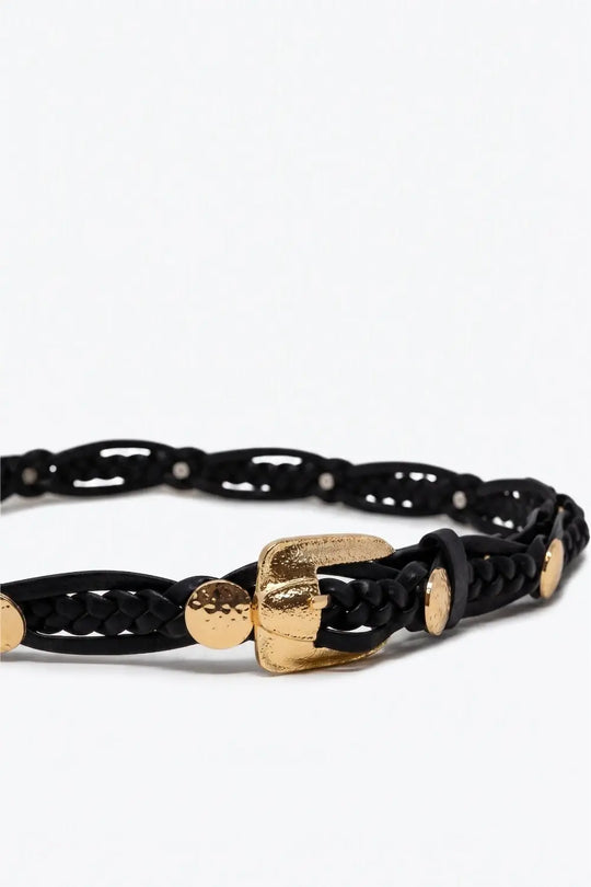 Black Braided Faux Leather Gold Buckle Stud Detail Belt - BLACK / ONE - Belts