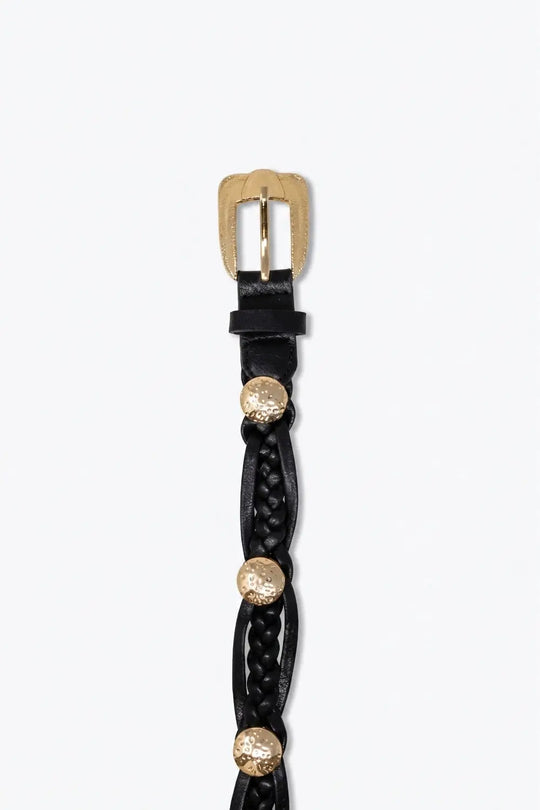 Black Braided Faux Leather Gold Buckle Stud Detail Belt - BLACK / ONE - Belts