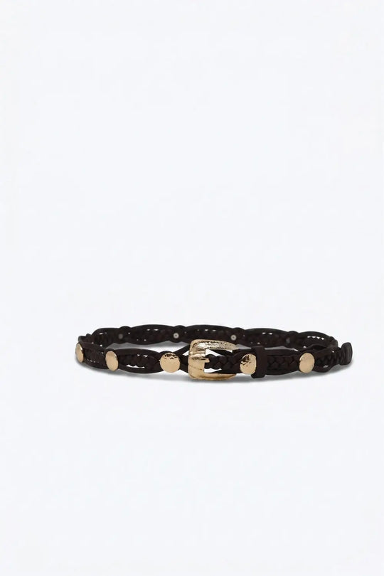 choco Braided Faux Leather Gold Studded Buckle Detail Belt