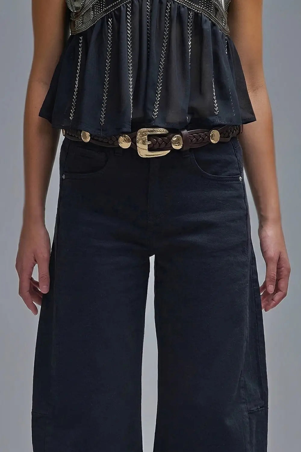 choco Braided Faux Leather Gold Studded Buckle Detail Belt
