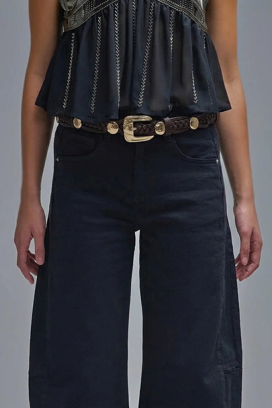 choco Braided Faux Leather Gold Studded Buckle Detail Belt