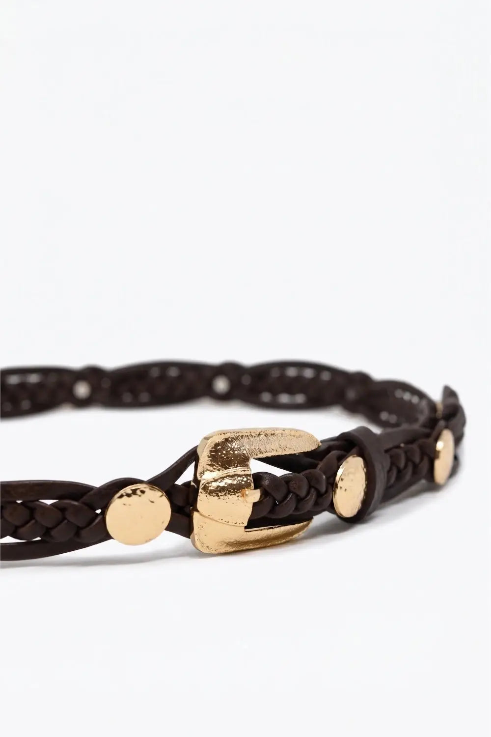 choco Braided Faux Leather Gold Studded Buckle Detail Belt