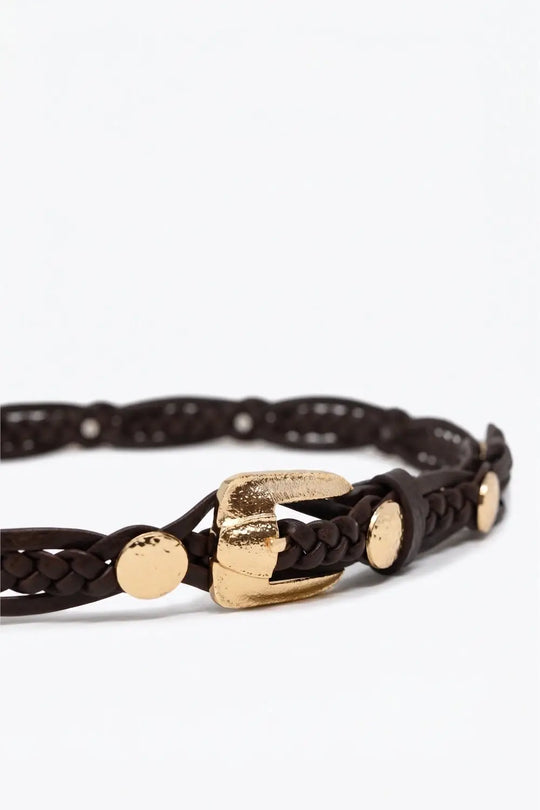 choco Braided Faux Leather Gold Studded Buckle Detail Belt