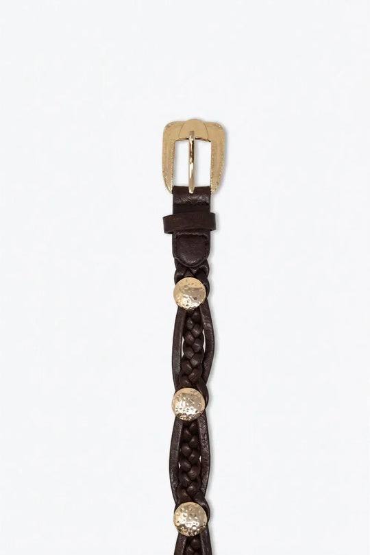 choco Braided Faux Leather Gold Studded Buckle Detail Belt