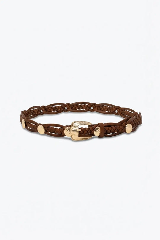 Brown Braided Faux Leather Gold Buckle Detail Waist Belt - BROWN / ONE - Belts