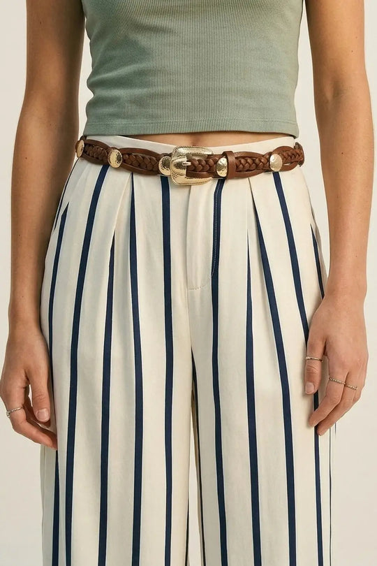 Brown Braided Faux Leather Gold Buckle Detail Waist Belt - BROWN / ONE - Belts
