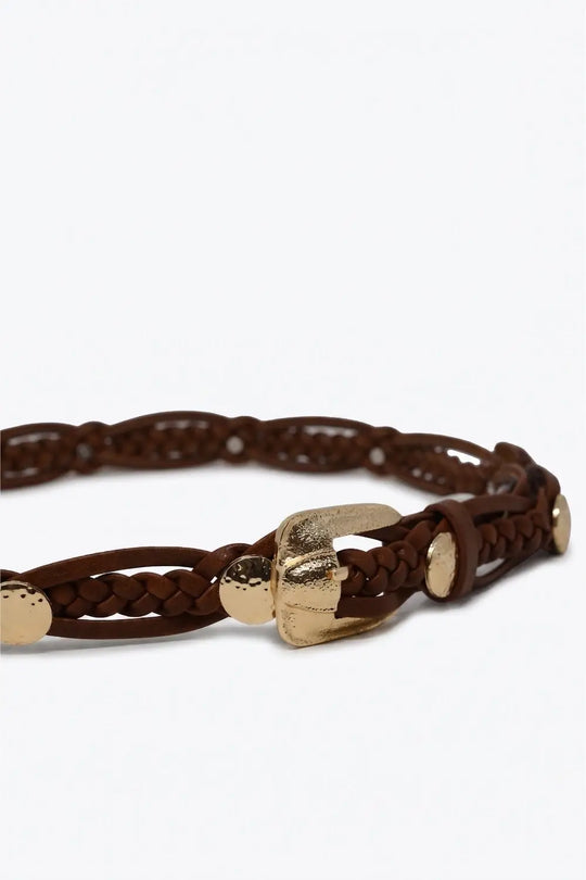 Brown Braided Faux Leather Gold Buckle Detail Waist Belt - BROWN / ONE - Belts