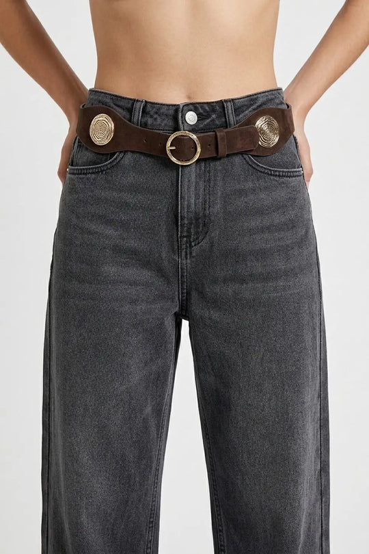 Choco Faux Suede Gold Rosette Buckle Detail Waist Belt - Belts